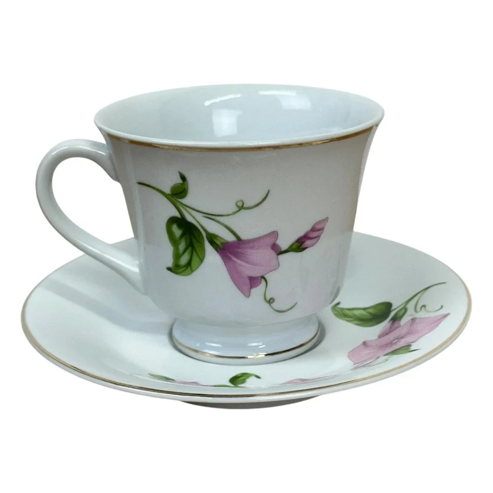 Teleflora Porcelain Tea Cup Saucer Set Pink Morning Glory Floral‎ Gold Trim
